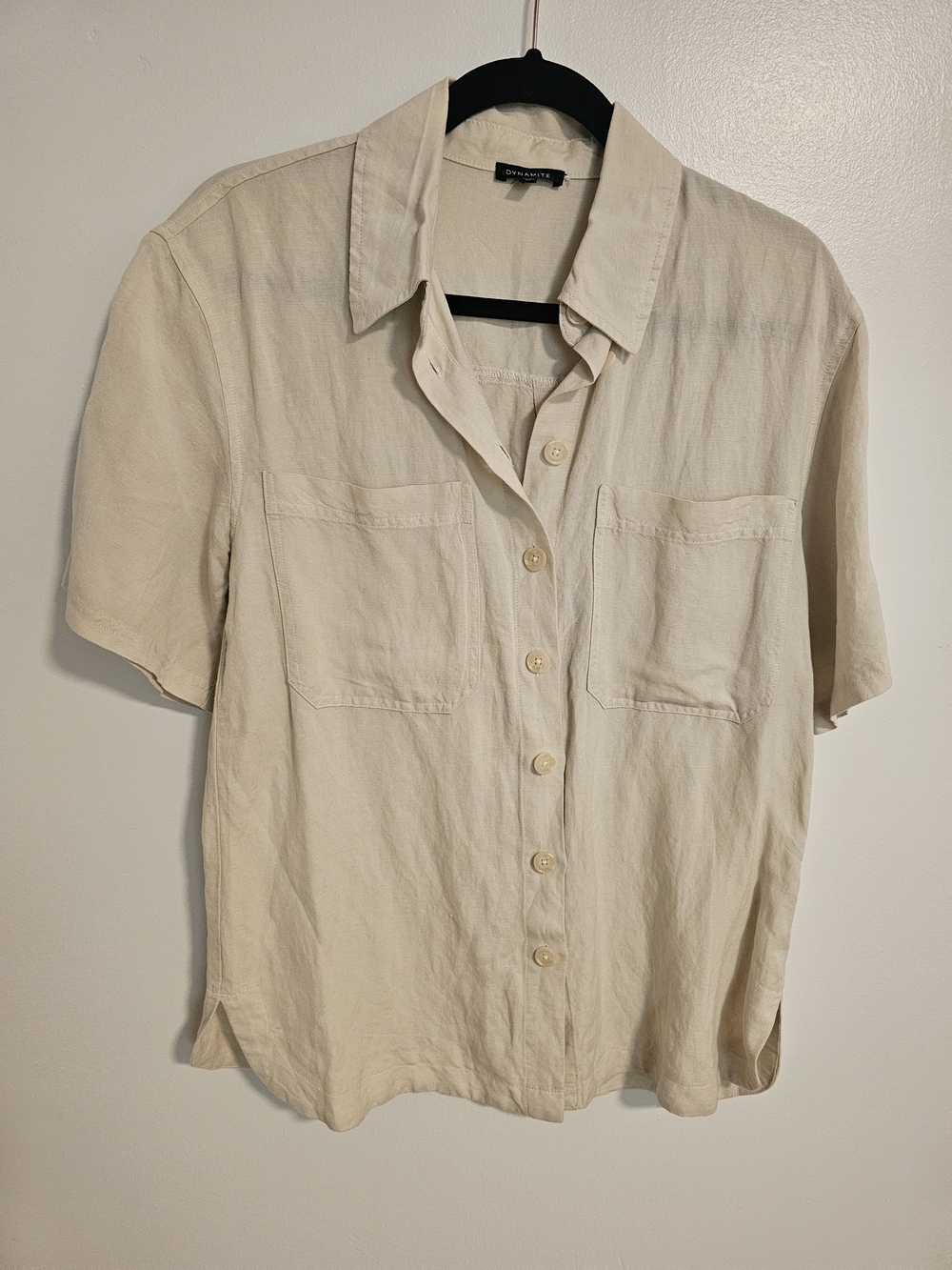 Dynamite Linen Ecru Short Sleeve Button Down Shirt Beige XS Relaxed Fit